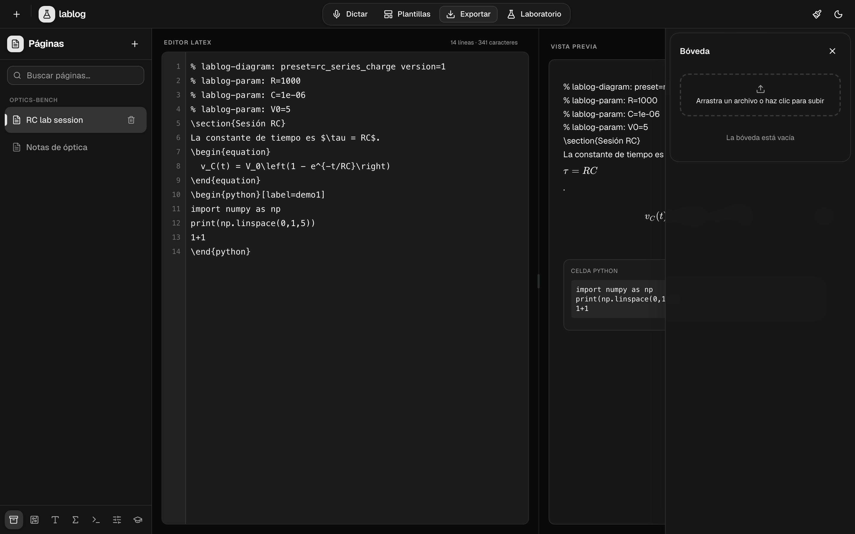 Workbench — editor LaTeX + preview en vivo